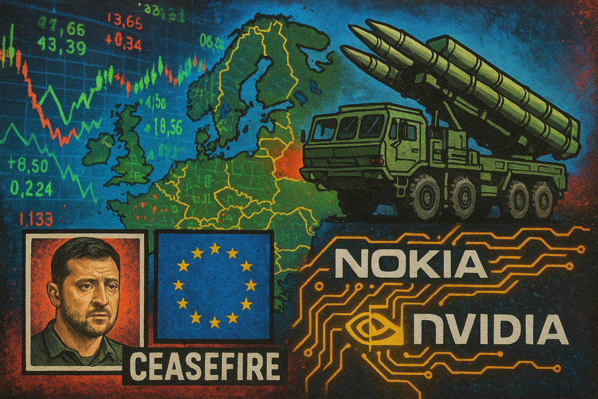 European markets saw a mix of geopolitical developments and corporate activity on Tuesday, as Belarus confirmed plans to deploy a new Russian-made missile system, while investors monitored central bank policy decisions and quarterly earnings from major firms. In the corporate sector, Nokia shares surged on a $1 billion investment from Nvidia, and European officials prepared for fresh discussions on a possible ceasefire in Ukraine.Belarus to deploy Russian Oreshnik missile system in DecemberBelarus will place Russia’s Oreshnik missile system on combat duty in December, according to presidential press secretary Natalia Eismant, who confirmed the announcement to TASS on Tuesday.“The process of creating conditions for the deployment of the Oreshnik in the Republic of Belarus is coming to an end. Any discussion about whether or not the Oreshnik will be deployed is now over,” Eismant said.Earlier this year, Belarusian President Alexander Lukashenko said the intermediate-range ballistic missile would be deployed following an agreement with Moscow. Russian President Vladimir Putin has described the Oreshnik as a cutting-edge system now in serial production.The missile was reportedly used by Russia in November last year to strike a facility in Dnipro, Ukraine, marking its first confirmed operational use.European markets close mixed ahead of central bank decisionsMajor stock indexes across Europe closed mixed on Tuesday, as investors awaited monetary policy decisions from both the European Central Bank (ECB) and the US Federal Reserve later this week.Data indicated that German consumer confidence is likely to deteriorate in November, reflecting growing concern over inflation and slowing economic growth.At the close of trading, Germany’s DAX index was flat, while the UK’s FTSE 100 rose 0.51%, boosted by Airtel Africa PLC, which jumped 15.83%. France’s CAC 40 fell 0.28%, and the EURO STOXX 50 slipped 0.11%, weighed down by a 4.10% decline in BNP Paribas shares.In the currency markets, the euro gained 0.15% against the U.S. dollar, trading at $1.16612 at 5:33 p.m. CET. Meanwhile, the British pound fell 0.37% to $1.32850.Nokia shares jump over 20% on Nvidia’s $1B investmentNokia Corporation’s stock soared more than 20% on Tuesday after the Finnish telecommunications<a href="https://invezz.com/news/2025/10/28/nvidia-to-invest-1b-in-nokia-to-accelerate-ai-and-networking-collaboration/"> company announced a $1 billion equity investment from Nvidia Corporation.</a>Under the agreement, Nokia will issue 166,389,351 new shares to Nvidia at a price of $6.01 (€5.16) per share, equivalent to approximately €860 million. The shares will be delivered in the form of American Depositary Shares, giving Nvidia a 2.9% stake in Nokia.Nokia said the investment will help fund its efforts to strengthen “trusted connectivity for the artificial intelligence supercycle” and further develop its 5G and 6G Radio Access Network (RAN) software on Nvidia’s architecture.Nokia’s Helsinki shares closed at $6.59, up by 20.86%. Ukraine and EU officials to discuss ceasefire frameworkUkrainian President Volodymyr Zelensky said on Tuesday that Ukrainian and European officials will meet later this week to discuss details of a potential ceasefire framework.“Our advisers will meet in the coming days, we agreed on Friday or Saturday. They will discuss the details of this plan,” Zelensky said during a meeting with Dutch Foreign Minister David van Weel.Zelensky emphasized that the discussions are focused on achieving a ceasefire rather than a broader peace plan. The announcement followed comments in an Axios interview in which Zelensky said Ukraine would work with its partners on the plan “in the next ten days.”Poland to reopen two border crossings with BelarusPolish Prime Minister Donald Tusk announced that Poland is prepared to reopen two border crossings with Belarus in November — Bobrowniki and Kuznica.Speaking at the EU’s Border Cohesion and Development Forum in Bialystok, Tusk said the reopenings would be “on a trial basis” and emphasized coordination with Lithuania before any final decision is made.Tusk added that the Polowce crossing would remain closed for now due to an existing military camp in the area.The decision marks a cautious step toward restoring limited border operations amid ongoing regional tensions.The post <a href="https://invezz.com/news/2025/10/28/europe-bulletin-belarus-deploys-russian-missiles-nokia-surges-on-nvidia-deal/">Europe bulletin: Belarus deploys Russian missiles, Nokia surges on Nvidia deal</a> appeared first on <a href="https://invezz.com/">Invezz</a>